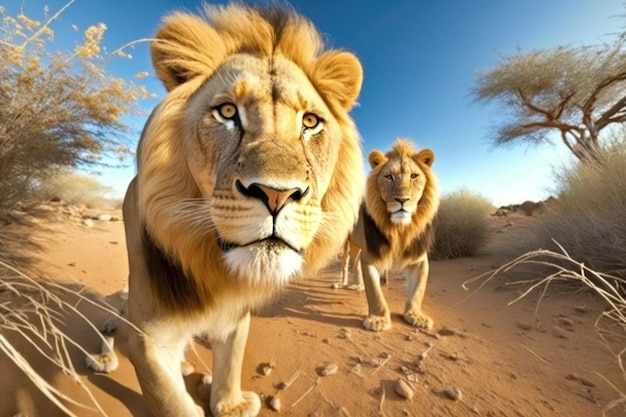 A lion and a lion walk through the desert.