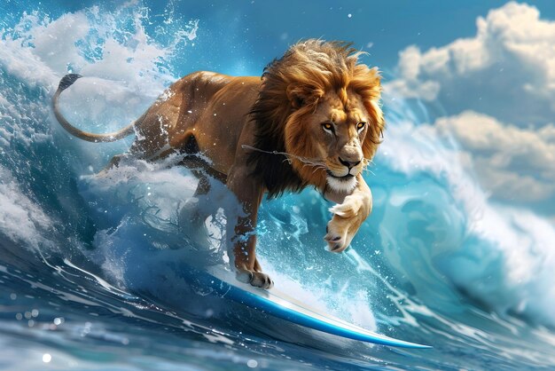 Photo lion literally surfing on sea waves