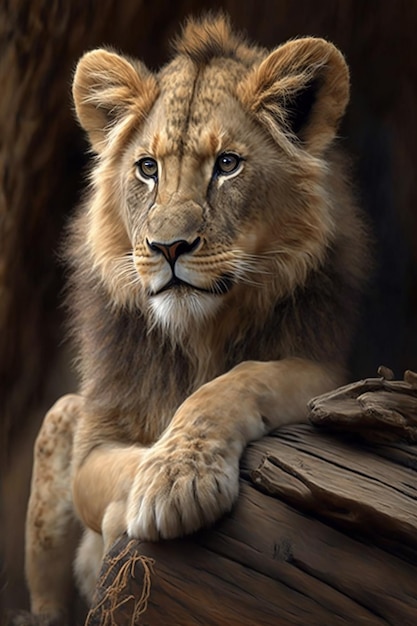 A lion on a log with a blue eye.