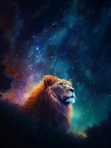 A lion looking at the stars.