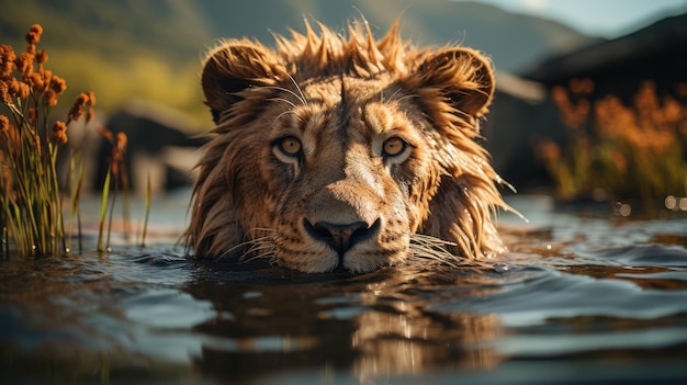 The lion looks at his reflection in the water against the backdrop of the jungle