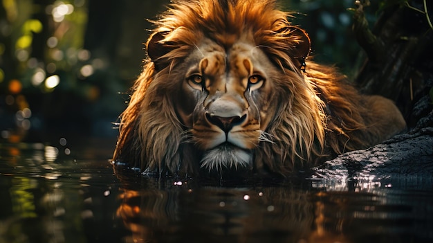 The lion looks at his reflection in the water against the backdrop of the jungle