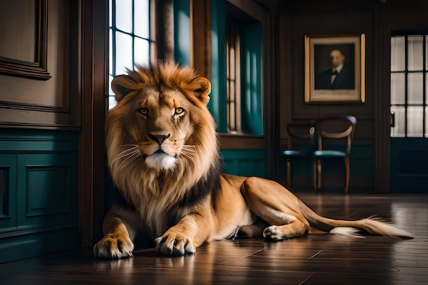 A lion lying on the floor in a room inside a house