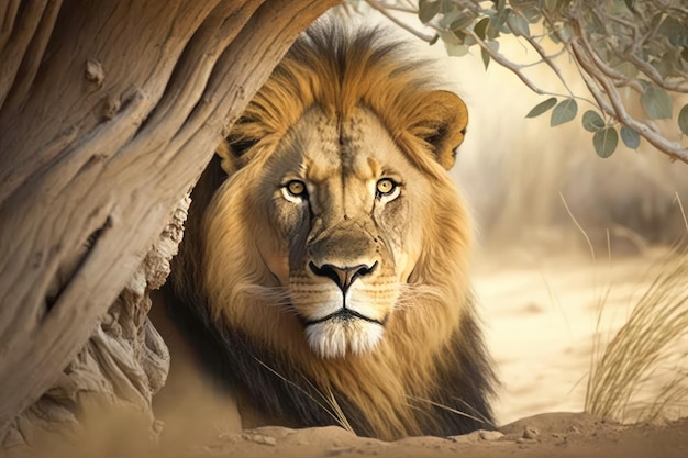 Lion lying under a tree in the African savannah Created with generative AI technology