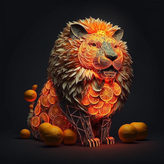 A lion made out of oranges is shown in this image.