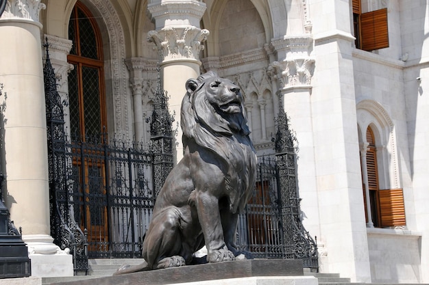 Lion at the main entrance of the Budapest Parliament.