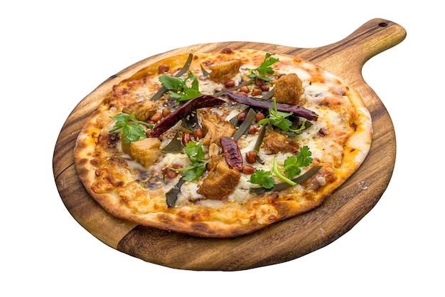 Lion mane mala pizza isolated on wooden cutting board on plain\
white background side view of fastfood