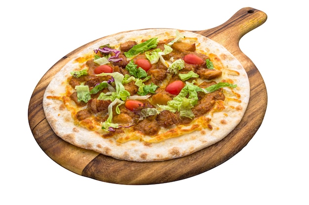 Lion Mane Satay Pizza isolated on wooden cutting board on plain white background side view of fastfood