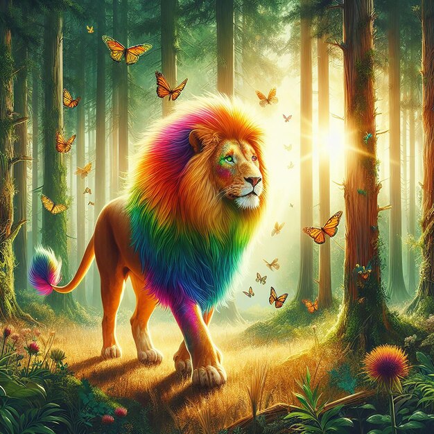 Photo lion mascot head colorful red eye real image ai generated