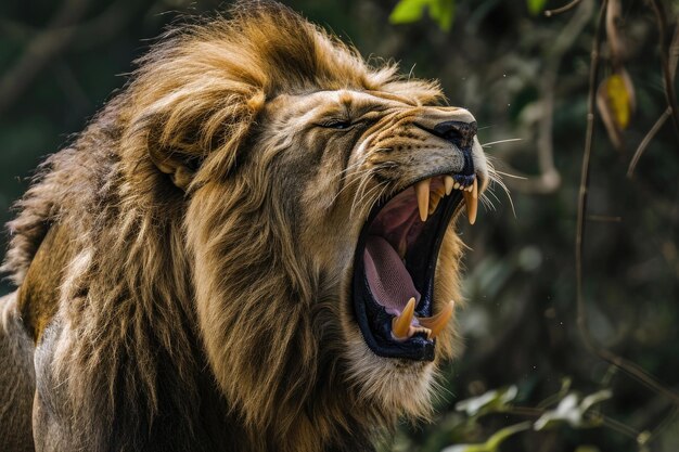 猛烈なパワーと声の能力を示すライオン