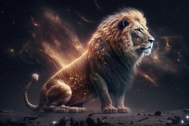 A lion on the moon with a nebula in the background