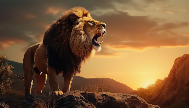 A lion on a mountain roars at sunset