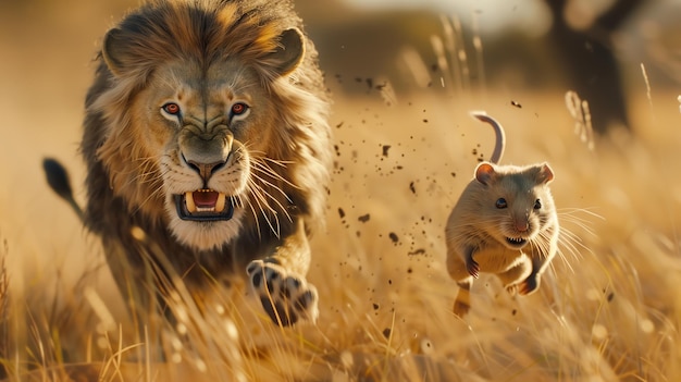 Lion and Mouse Running in Field