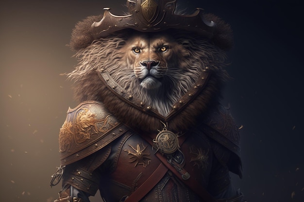 Lion in a musketeer costume on a dark background