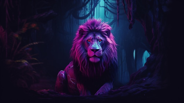 Lion Neon light animal sitting cave pictures AI Generated Art