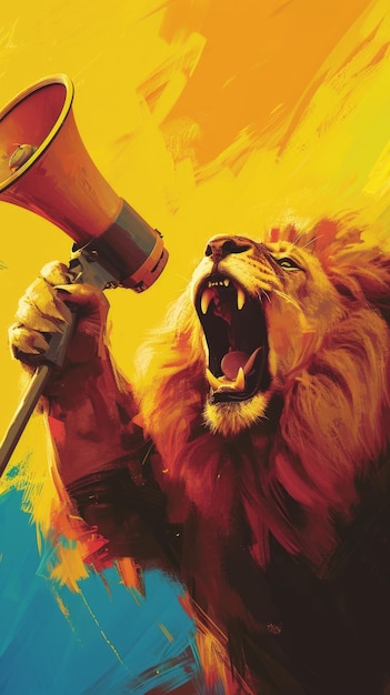 Lion painting holding megaphone in art gallery exhibition