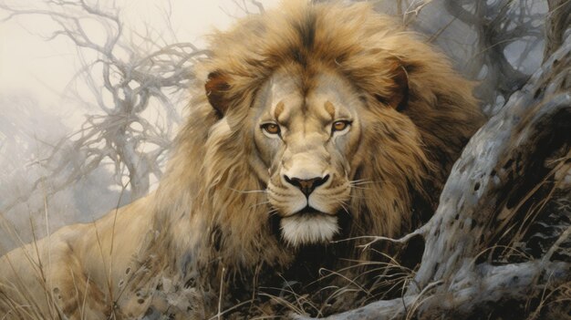 Photo lion painting in the woods inspired by david mann and michael komarck