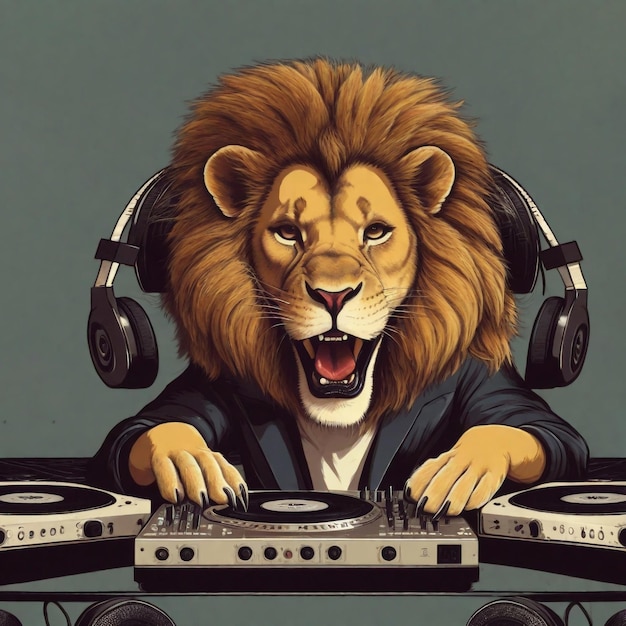 Photo a lion playing music as a dj