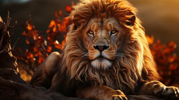 lion portrait on the background of sunset