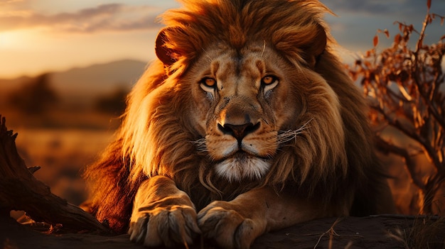 lion portrait on the background of sunset