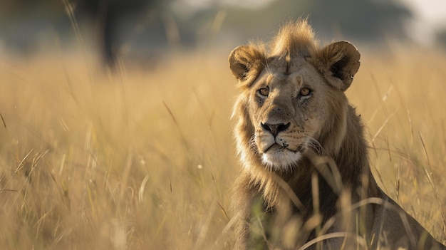 Lion portrait on savanna Portrait of a strong male lion Generative Ai