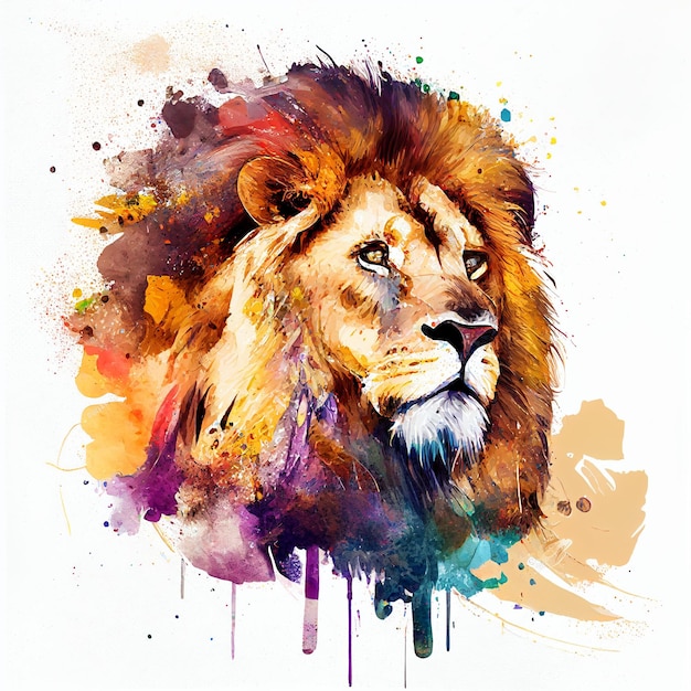 Lion Portrait White Background Paint Watercolor Bright Colors Generative AI