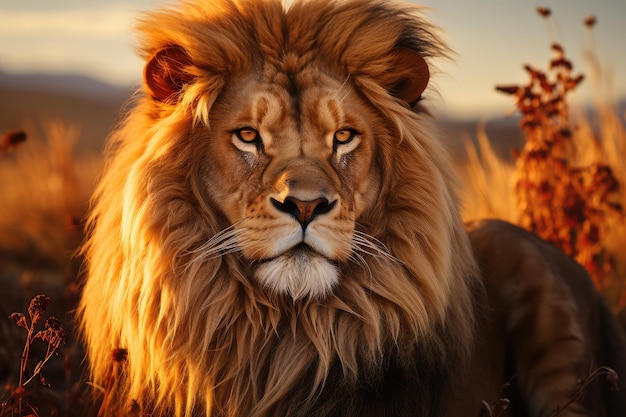 lion on the prairie wide land sun setting on the horizon ai generated