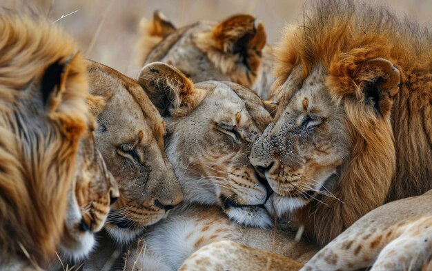 Photo lion pride engaging in communal grooming session