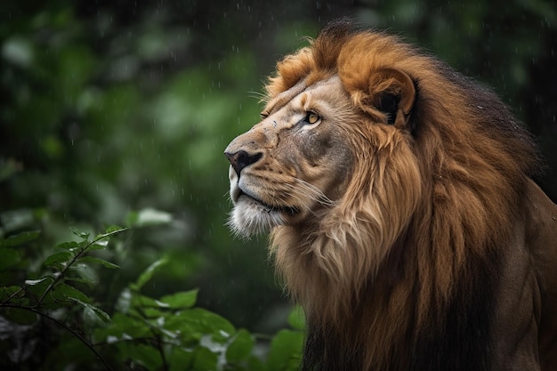 A lion in the rain with the word lion on the front