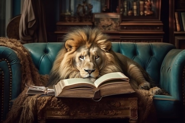 Lion reading a book on a sofa representing the concept of learning and knowledge Generative Ai