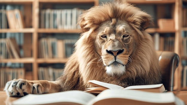 Lion reading books in the library