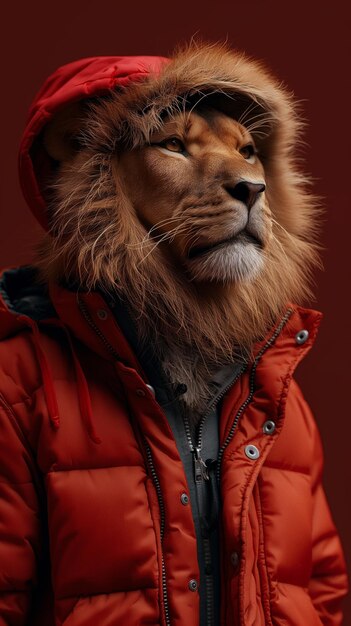 lion in a red down jacket and sneakers Generative AI