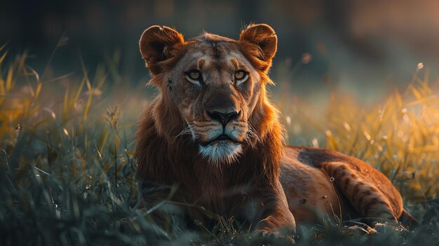 A lion resting in the green field Generative Ai