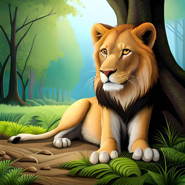 A lion resting in the shade of a tree with highdefinition textures of the bark and leaves