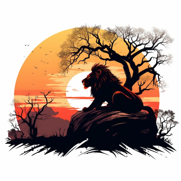 Лев отдыхает в силуэте дерева