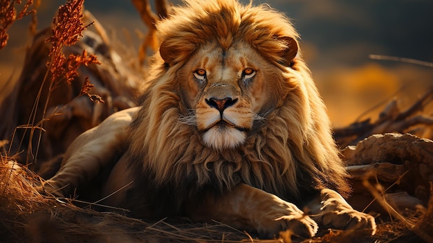 A lion rests in the savannah