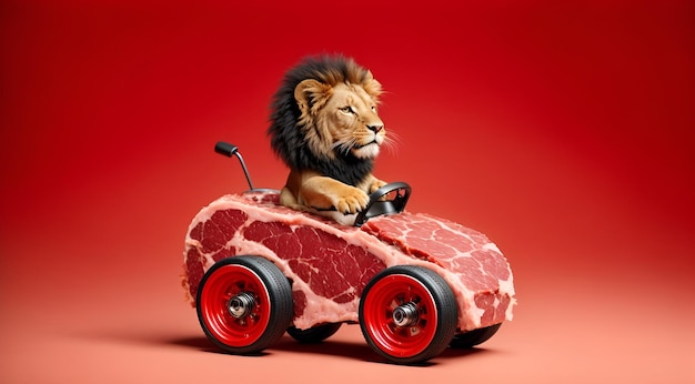 Photo a lion riding a piece of meat with car wheels