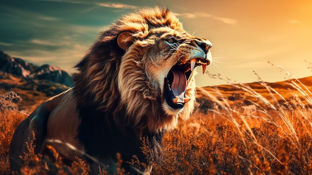 lion roaring in the grassland