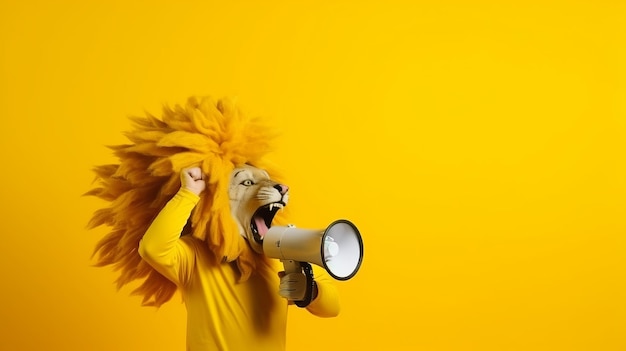 Lion roaring on a megaphone advertisement concept with copy space for text generative ai
