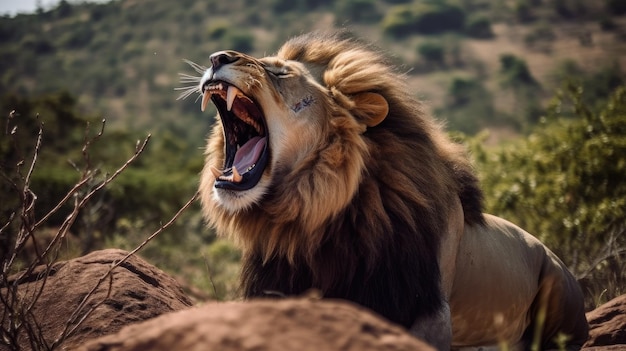 A lion roars in the jungle.