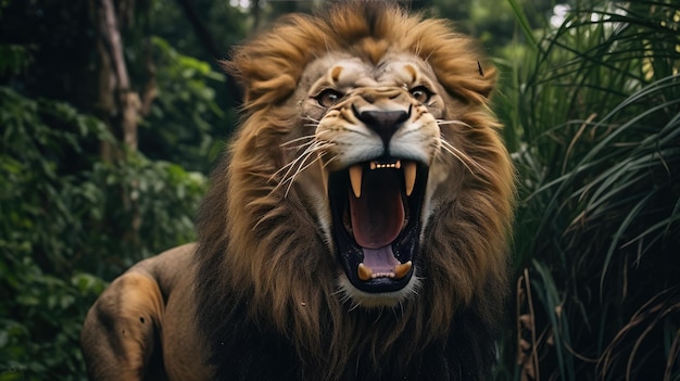 Foto il leone ruggisce con la sua faccia feroce