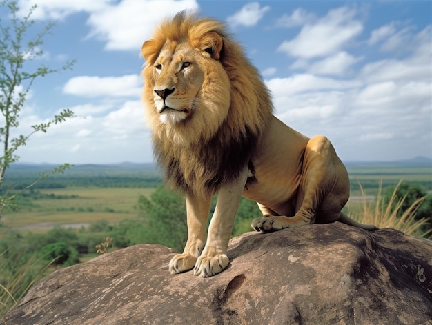Лев на скале в Африке