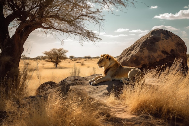 A lion on a rock in the african savannah