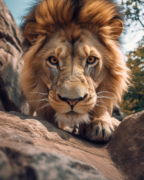 A lion on a rock looking at the camera