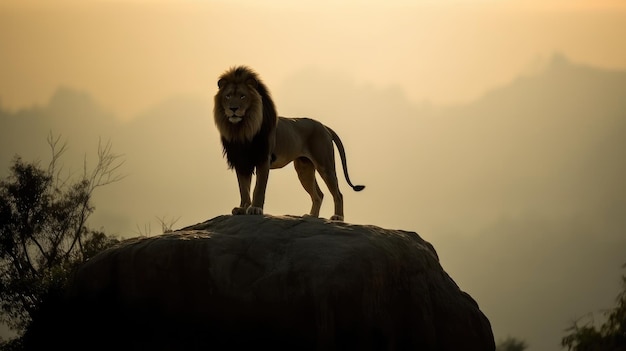 Photo lion on a rock in the sunset