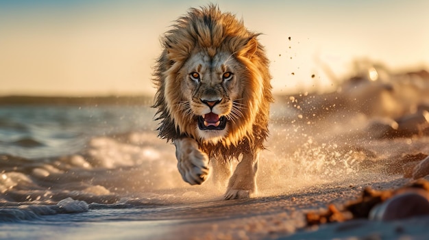 Лев бежит по пляжу на закате