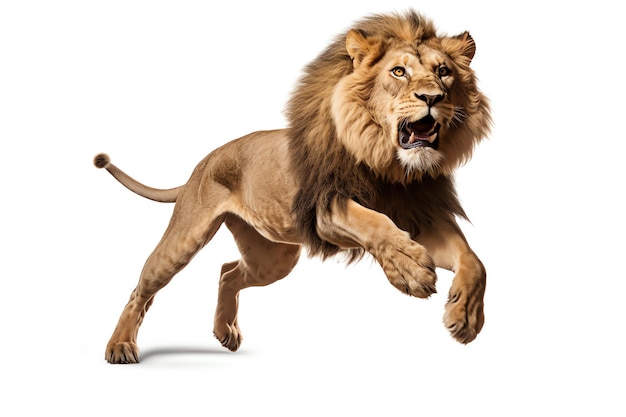 A lion running with its mouth open