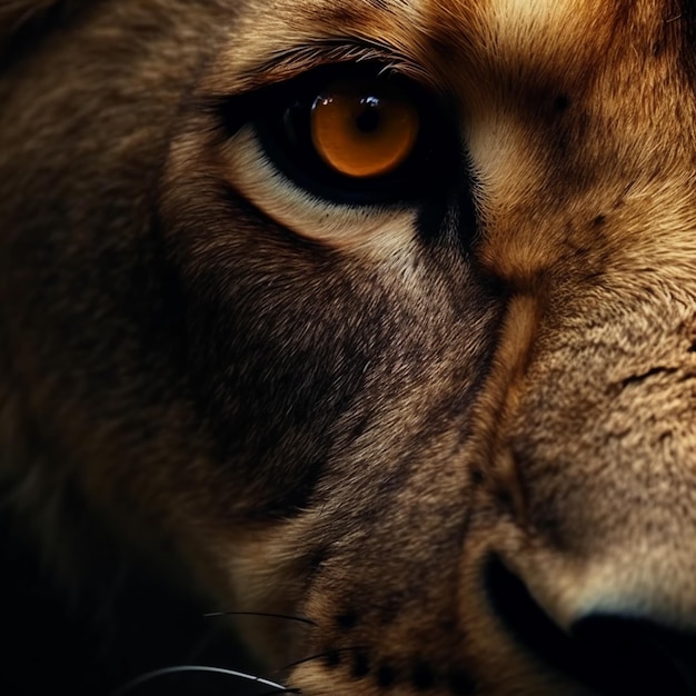 A lion's eye is shown in this close up shot.