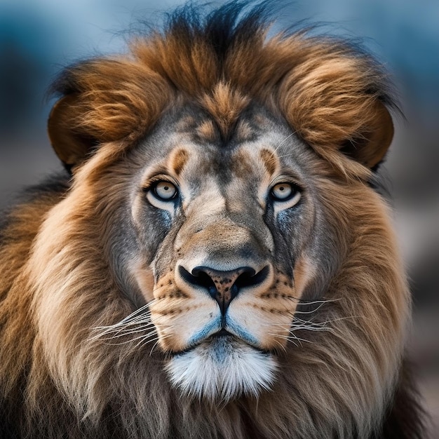 A lion's face is shown in this close up image