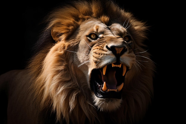 A lion's face with a black background